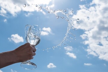 Splash of water in a glass against the background of the sky,  summer.