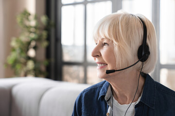 Elderly old senior businesswoman IT support hot line tele worker on having video call conversation online. Senior teacher lecturer conducting lessons remotely at home