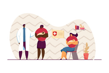 Mothers with babies consulting pediatrician. Woman holding child and waiting in line for appointment flat vector illustration. Healthcare, medicine, children concept for banner, website design