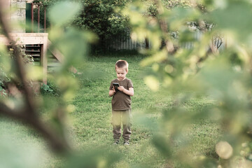 a small child in the summer garden. the boy is playing with the phone. the child looks at the phone