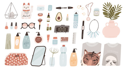 Natural, eco friendly cosmetics for modern women. Trendy, colorful beauty bundly, Isolated flat clipart.