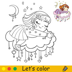 Cartoon cute girl sleeping on a cloud coloring