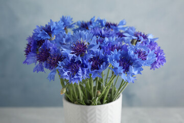 Bouquet of beautiful blue cornflowers in vase, closeup