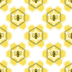 Seamless pattern with bees and honeycomb. Linear hand drawn vector illustration is perfect for honey design, beekeeper branding, wallpaper, background, wrapping paper, fabric textile, label