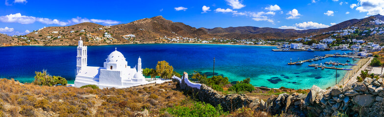 Greece nature scenery. Sea and beaches. Beautiful Ios island, Cyclades. View with little white...