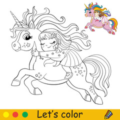 Cartoon cute girl sleeps on back of a running unicorn coloring
