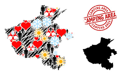 Fototapeta na wymiar Grunge Camping Area stamp seal, and heart patients virus therapy mosaic map of Henan Province. Red round stamp seal includes Camping Area text inside circle.