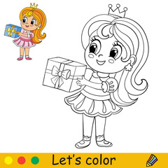 Cartoon cute girl standing with a gift in her hands coloring