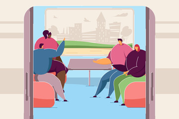 People chatting in train car. Cartoon men and women on trip together, silhouette of city in window flat vector illustration. Railway journey concept for banner, website design or landing web page