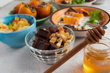 Breakfast with fruit and oatmeal.