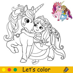 Cartoon cute princess cuddles with a unicorn coloring © alinart