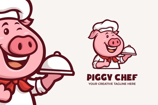 Cute Piggy Chef Restaurant Mascot Character Logo Template