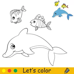 Foto auf Alu-Dibond Cartoon cute sea theme coloring dolphin and fish © alinart
