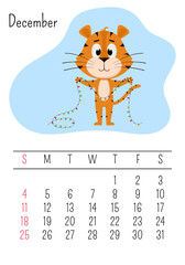 Vertical wall calendar page template for December 2022 with a cartoon Chinese year symbol. The week starts on Sunday. A tiger holds a Christmas garland in its paws