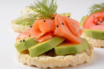 Rice bread Crispy bred, avocado, salmon slices ,and fresh dill