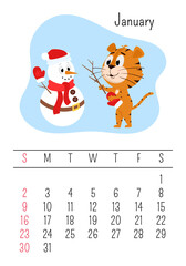 Vertical Wall calendar page template for January 2022 with the Chinese year symbol cartoon tiger. The week starts on Sunday. Tiger makes a snowman