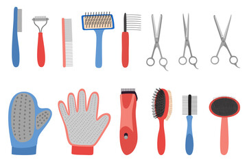 Grooming equipment for pets care salon. Dog and cat hairdressing tools set. Domestic animals hygiene, health, accessories, vets. Pet shop. Flat vector illustration isolated on white background