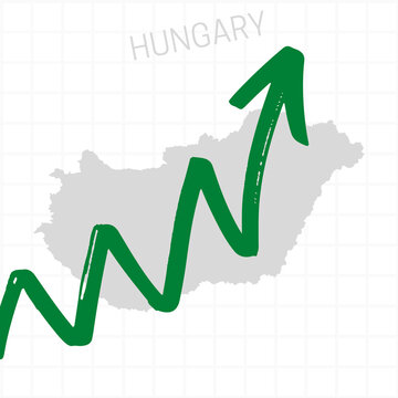 Hungary map with rising arrow showing economic growth. Nation economy recovered, financial growth, stock trading up, equity price move up, bull market. Upward trend green arrow business concept 
