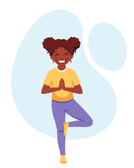 Black girl doing yoga. Gymnastic, yoga and meditation for children. Vector illustration
