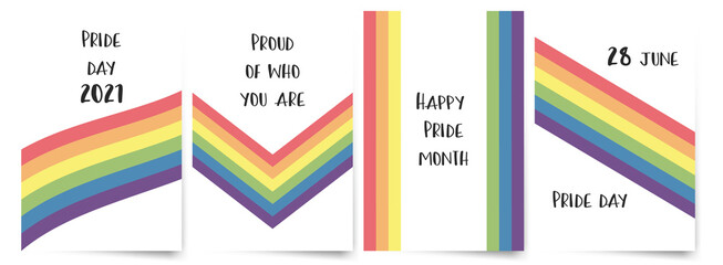 A set of vertical banners with a pride-colored striped ribbon flag isolated on a white background. Happy Pride Month. LGBT Pride Month or Pride Day poster, flyer, invitation card. Design template.