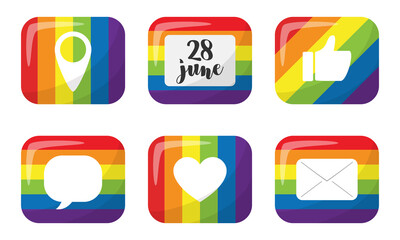 A set of stickers with elements of social networks. Rectangular buttons with the colors of the month of pride. Isolated on a white background. LGBT Pride Month. Vector illustration.