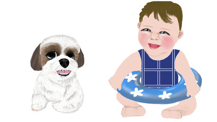 犬と浮き輪をつけて笑っている赤ちゃん