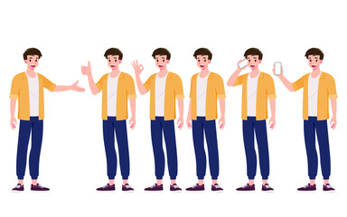 Obraz premium Collection of smiling handsome young man in different gesture style standing isolated on white background. Set of guys in various pose action of teenager.