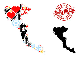 Distress Corfu Island badge, and lovely people Covid-2019 treatment mosaic map of Corfu Island. Red round badge contains Corfu Island title inside circle.