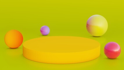 3D rendering. Abstract empty scene with round pedestal and colorful gradient round objects Isolated on yellow background.