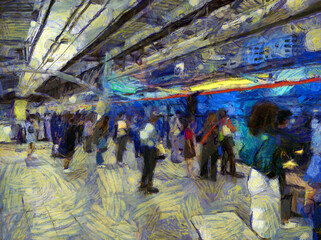 Obraz premium Landscape of the Skytrain Station Illustrations creates an impressionist style of painting.