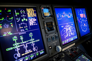 A typical dashboard panel in the cockpit of a private jet plane aircraft.  - obrazy, fototapety, plakaty
