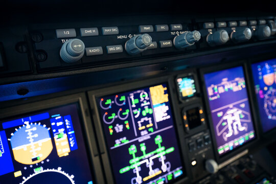 A typical dashboard panel in the cockpit of a private jet plane aircraft. 