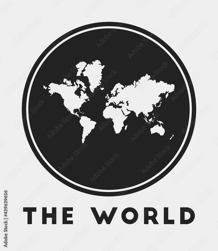Poster the world icon. round logo with world map and title. stylish the world badge with map. vector illust