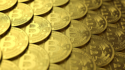 Close-up view on organized pile or stacks of Bitcoin coins. 3d rendering