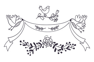Set of lovely doodle icons. Hand-drawn birds, holding a ribbon in their beaks. Wedding decor vector clipart.