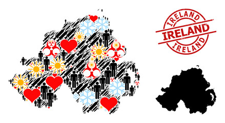 Textured Ireland badge, and heart people virus therapy mosaic map of Northern Ireland. Red round stamp seal contains Ireland text inside circle. Map of Northern Ireland mosaic is designed with winter,