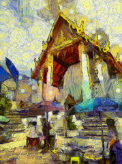 Wat Phra Chetuphon (Wat Pho), is located behind the splendid Temple of the Emerald Buddha Illustrations creates an impressionist style of painting.