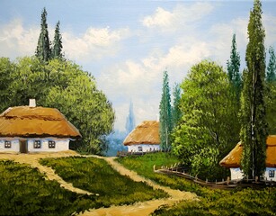 Oil paintings landscape, old village, rural house in the countryside. Fine art.