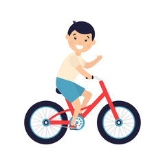 Cute boy with rise hand riding bicycle. Happy child rides red modern bike. Healthy lifestyle. Sport vehicle competition concept. Vector illustration isolated on white