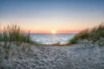 Tuinposter Zandduinen op het strand bij zonsondergang © eyetronic