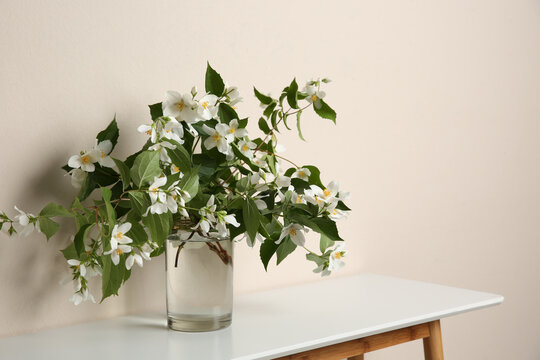 Bouquet of beautiful jasmine flowers in glass vase on table near beige wall, space for text