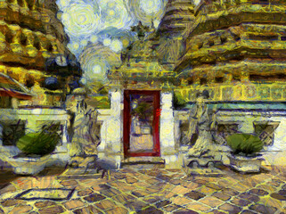 Obraz premium Wat Phra Chetuphon (Wat Pho), is located behind the splendid Temple of the Emerald Buddha Illustrations creates an impressionist style of painting.