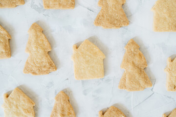Flat lay of gingerbread with shape of christmas tree and houses