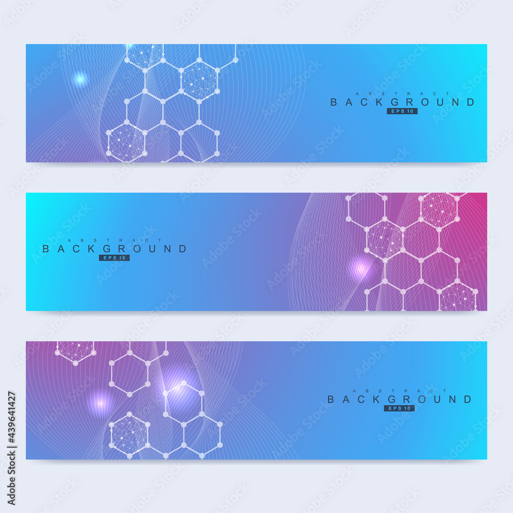 Poster scientific set of modern vector banners. dna molecule structure with connected lines and dots. scien
