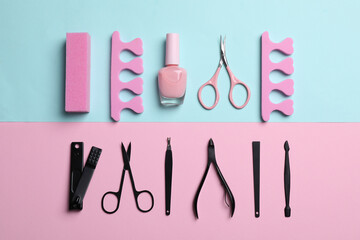 Composition with manicure and pedicure tools on color background, flat lay