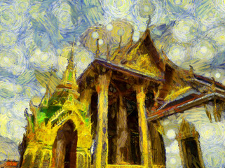Fototapeta premium The grand palace wat phra kaew bangkok thailand Illustrations creates an impressionist style of painting.