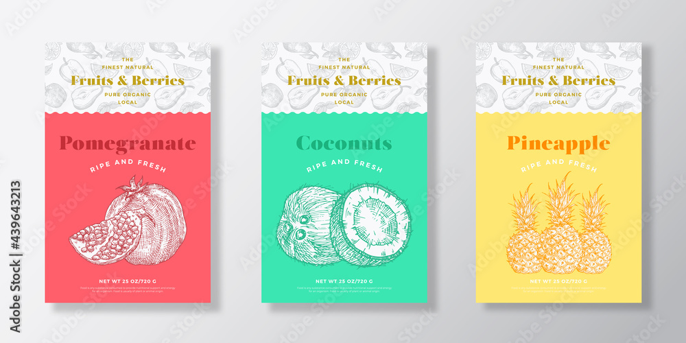 Wall mural fruits and berries pattern label templates set. vector packaging design layout collection. modern ty