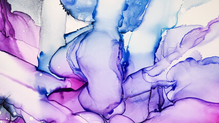 Alcohol ink. Violet Liquid Artwork. Blue Paper.