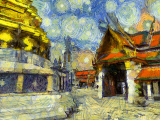 The grand palace wat phra kaew bangkok thailand Illustrations creates an impressionist style of painting.