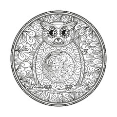 Mandala. Owl on the branch. Design Zentangle. Tattoo art. Abstract circle zendala. Print for t-shirts. Design for spiritual relaxation for adults. Zen art. Black and white illustration for coloring